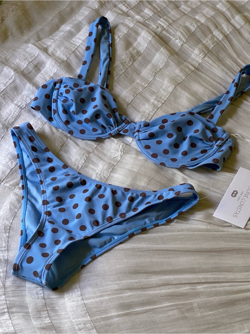 Caroline Constas Light Blue Bikini with Brown Polka Dots